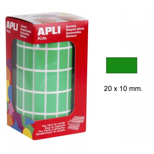 Gomet apli en formato rectangular, 20x10 mm. verde, rollo de 3.540 uds.