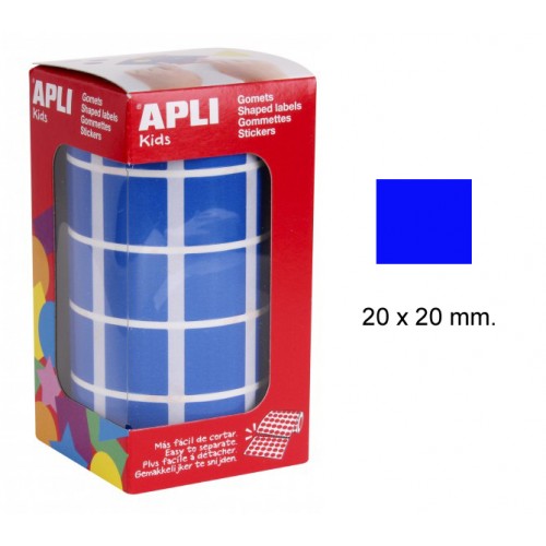 Gomet apli en formato cuadrado de 20x20 mm. en color azul, rollo de 1.770 uds.