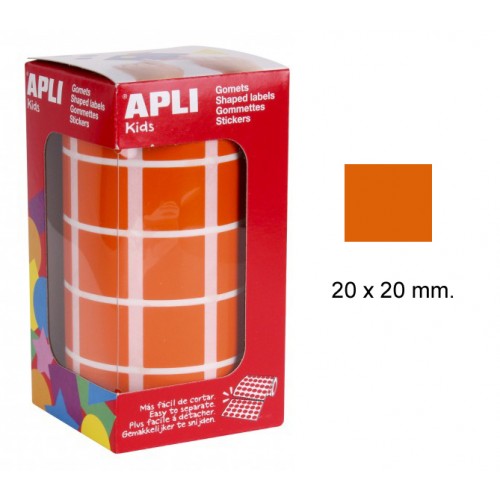 Gomet apli en formato cuadrado de 20x20 mm. en color naranja, rollo de 1.770 uds.