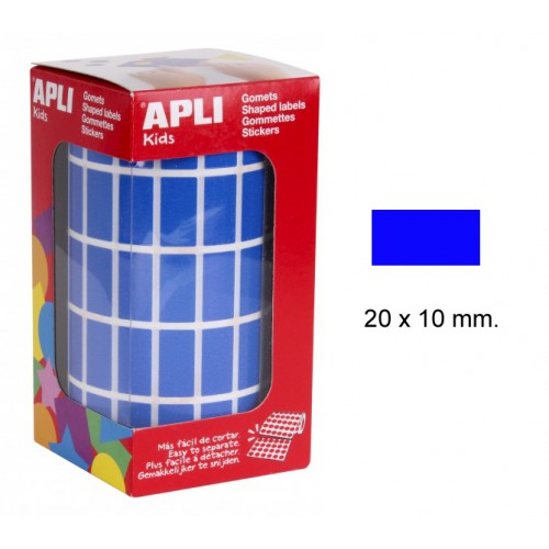 Gomet apli en formato rectangular de 20x10 mm. en color azul, rollo de 3.540 uds.