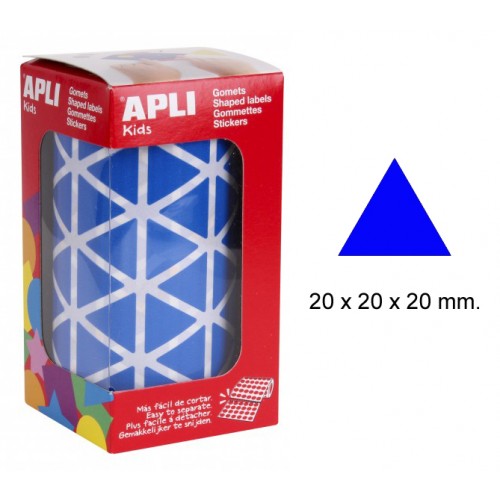 Gomet apli en formato triangular, 20x20x20 mm. azul, rollo de 2.832 uds.