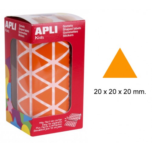 Gomet apli en formato triangular, 20x20x20 mm. naranja, rollo de 2.832 uds.