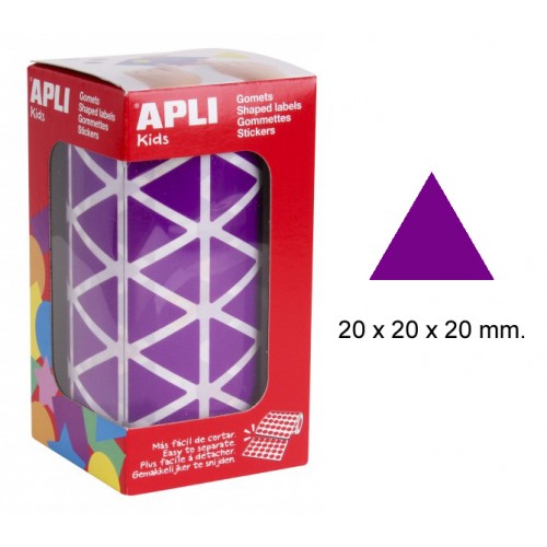 Gomet apli en formato triangular, 20x20x20 mm. lila, rollo de 2.832 uds.