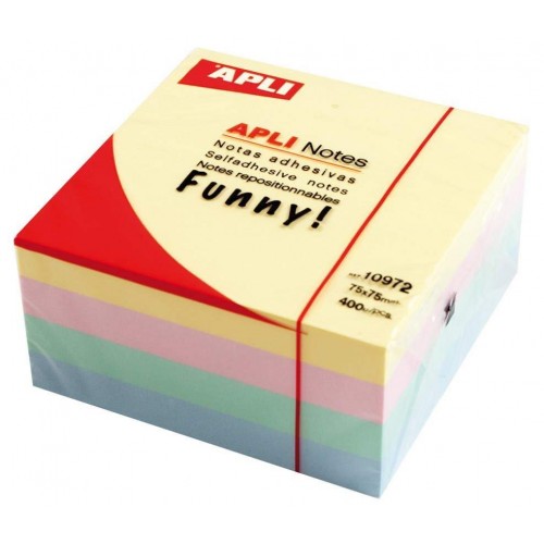 Cubo de 400 notas adhesivas apli gama funny 75x75 mm. colores surtidos pastel