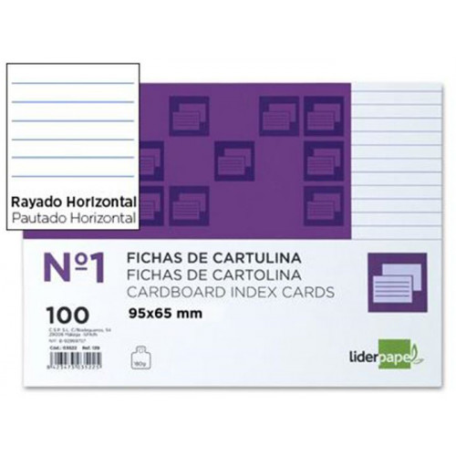 Ficha de cartulina liderpapel nº 1, 95x65 mm. rayado horizontal, paquete de 100 uds.