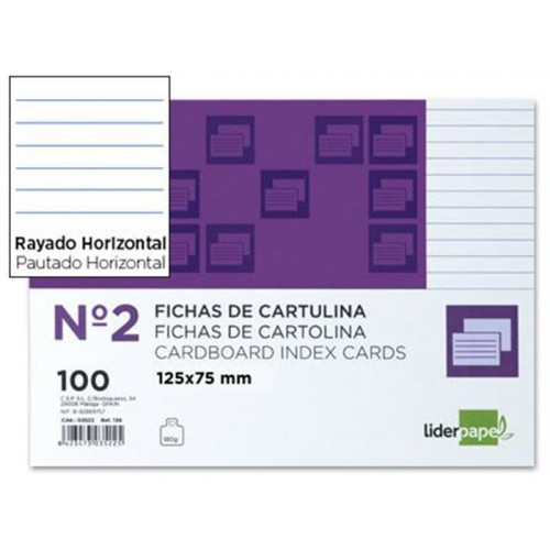 Ficha de cartulina liderpapel nº 2, 125x75 mm. rayado horizontal, paquete de 100 uds.