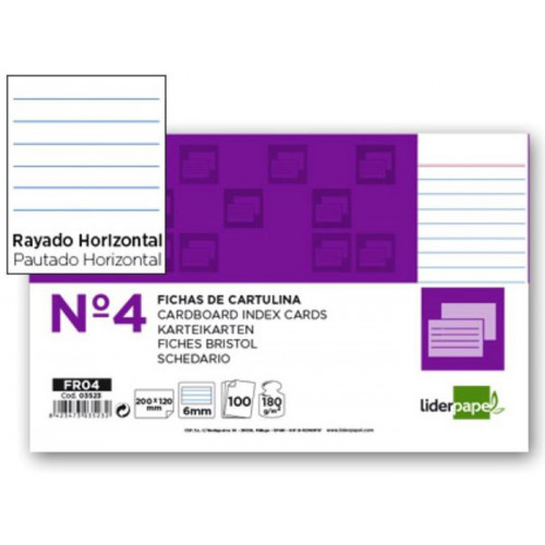 Ficha de cartulina liderpapel nº 4, 200x125 mm. rayado horizontal, paquete de 100 uds.