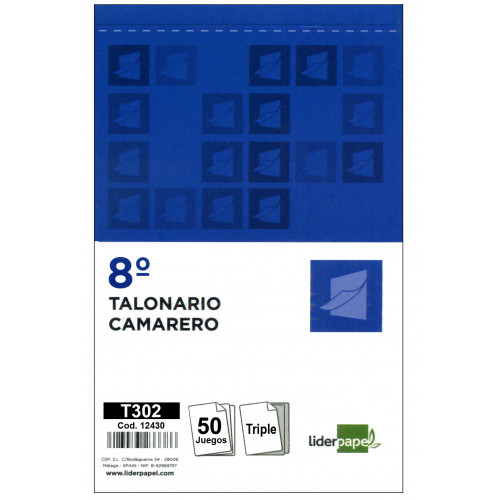 Talonario camarero original y 2 copias liderpapel en formato 8º natural de 105x155 mm.