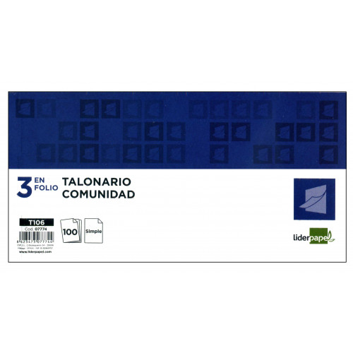 Talonario comunidad de propietarios original con matriz liderpapel en formato 3 en folio apaisado de 205x102 mm.