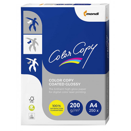 Papel color copy coated glossy en formato din a-4 de 200 grs. paquete de 250 hojas.