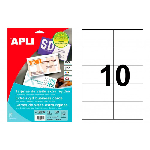 Tarjetas de visita apli bordes lisos, cantos rectos, mate, 250 grs/m². 89x51 mm. carpeta de 10 hojas din a4