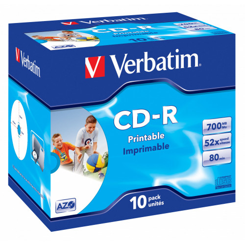 Cd-r verbatim azo 700 mb 52x 80 min superficie wide ink-jet printable, jewel case.