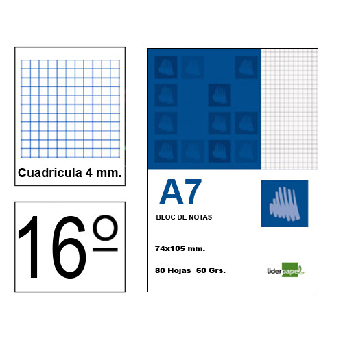 Bloc de notas, lomo encolado, perforado, con tapa liderpapel, 16º, 80 hj. 60 grs/m². 4x4 s/m.