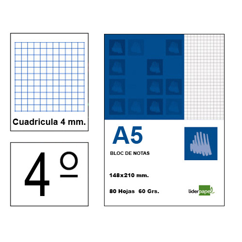 Bloc de notas, lomo encolado, perforado, con tapa liderpapel, 4º, 80 hj. 60 grs/m². 4x4 s/m.