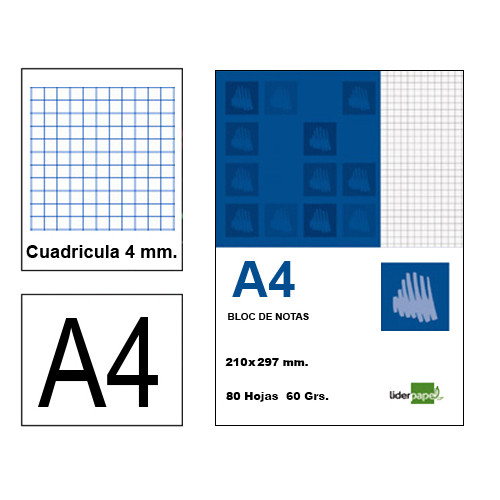 Bloc de notas, lomo encolado, sin perforado, con tapa liderpapel, din a4, 80 hj. 60 grs/m². 4x4 s/m.