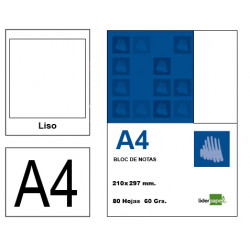 Bloc de notas, lomo encolado, sin perforado, con tapa liderpapel, din a4, 80 hj. 60 grs/m². liso s/m.