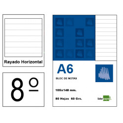 Bloc de notas, lomo encolado, perforado, con tapa liderpapel, 8º, 80 hj. 60 grs/m². rayado horizontal s/m.