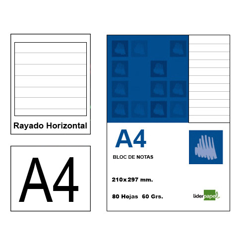 Bloc de notas, lomo encolado, perforado, con tapa liderpapel en formato A-4, 80 hj. 60 grs. rayado horizontal s/m.