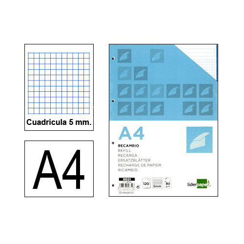 Recambio de anillas con 4 taladros liderpapel, din a4, 120 hj. 80 grs/m². 5x5 s/m. 5 colores de banda