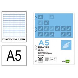 Recambio de anillas con 6 taladros liderpapel, din a5, 120 hj. 80 grs/m². 5x5 s/m. 5 colores de banda