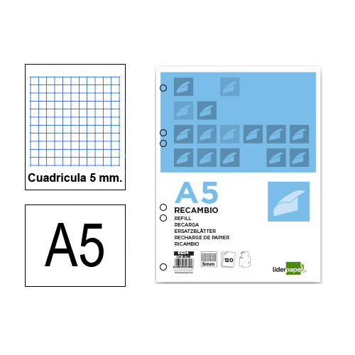 Recambio de anillas con 6 taladros liderpapel, din a5, 120 hj. 80 grs/m². 5x5 s/m. 5 colores de banda