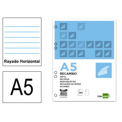 Recambio de anillas con 6 taladros liderpapel, din a5, 120 hj. 70 grs/m². rayado horizontal 8 mm, s/m. 5 colores de banda