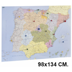 Mapa de españa con la superficie plastificada, presentado enrollado en tubo de cartón faibo, 98x134 cm.