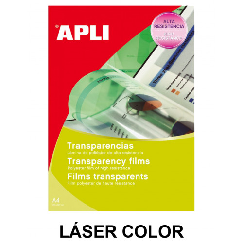 Transparencia en poliéster con banda superior apli apta para impresoras láser color en formato din a-4, caja de 50 uds.