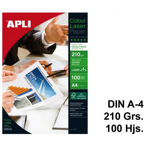 Papel láser apli colour glossy double-sided en formato din a-4 de 210 grs/m². caja de 100 hojas.