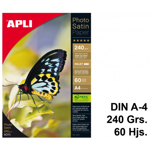 Papel ink-jet apli photo satin semi-glossy en formato din a-4 de 240 grs/m². paquete de 60 hojas.