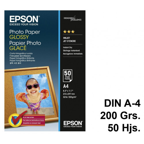 Papel ink-jet epson photo paper glossy en formato din a-4 de 200 grs/m². caja de 50 hojas.