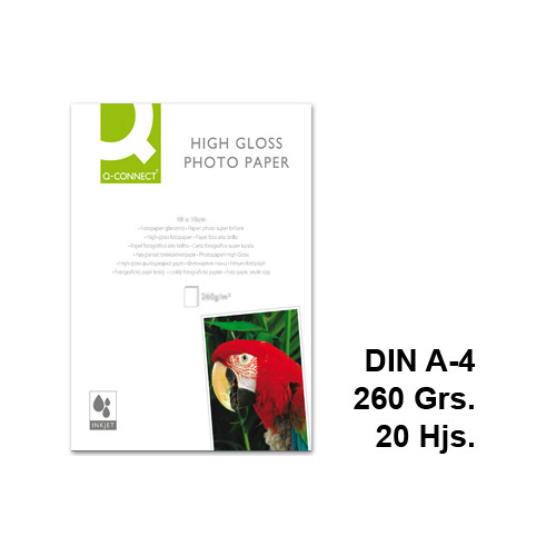 Papel ink-jet q-connect high gloss photo paper en formato din a-4 de 260 grs/m². bolsa de 20 hojas.