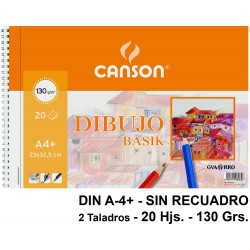 Bloc espiral de dibujo canson basik, din a4+, microperforado, 2 taladros, sin recuadro, 130 grs/m². 20 hj.