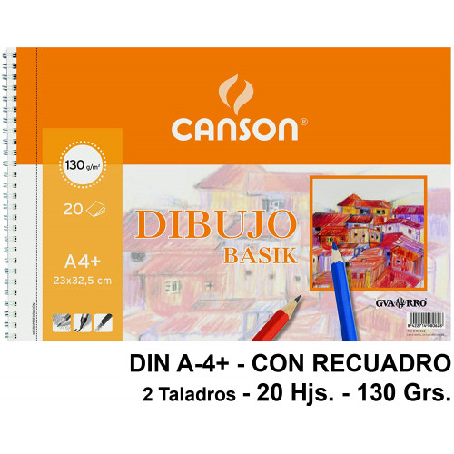 Bloc espiral de dibujo canson basik, din a4+, microperforado, 2 taladros, con recuadro, 130 grs/m². 20 hj.