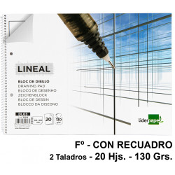 Bloc espiral de dibujo liderpapel lineal, fº, microperforado, 2 taladros, con recuadro, 130 grs/m². 20 hj.