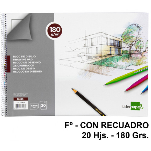 Bloc espiral de dibujo liderpapel lineal, fº, microperforado, con recuadro, 180 grs/m². 20 hj.