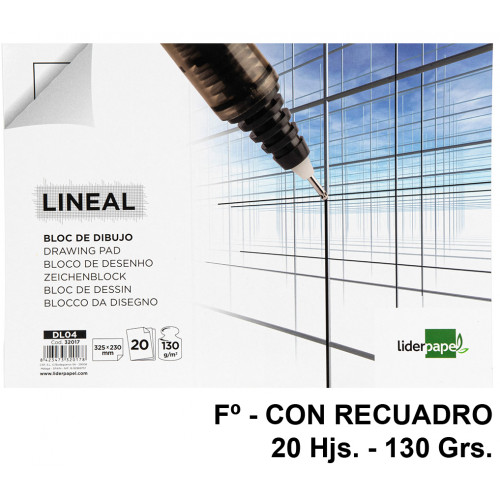 Bloc encolado de dibujo liderpapel lineal, fº, con recuadro, 130 grs/m². 20 hj.