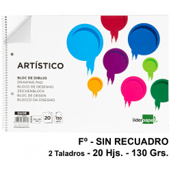 Bloc espiral de dibujo liderpapel artístico, fº, microperforado, 2 taladros, sin recuadro, 130 grs/m². 20 hj.