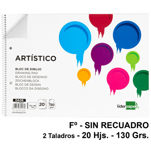 Bloc espiral de dibujo liderpapel artístico, fº, microperforado, 2 taladros, sin recuadro, 130 grs/m². 20 hj.