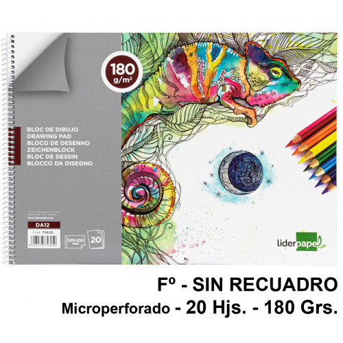 Bloc espiral de dibujo liderpapel artístico, fº, microperforado, sin recuadro, 180 grs/m². 20 hj.