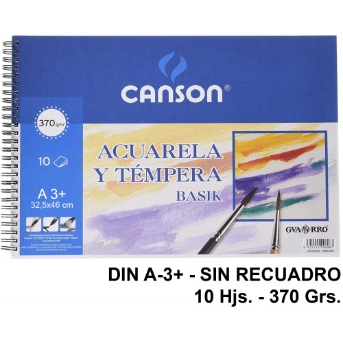 Bloc espiral de dibujo para acuarela canson basik, din a3+, sin recuadro, 370 grs/m². 10 hj.