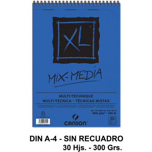 Bloc espiral de dibujo para acuarela canson xl mix media, din a4, microperforado, sin recuadro, 300 grs/m². 30 hj.