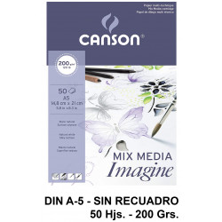 Bloc encolado de dibujo canson imagine, din a5, sin recuadro, 200 grs/m². 50 hj.