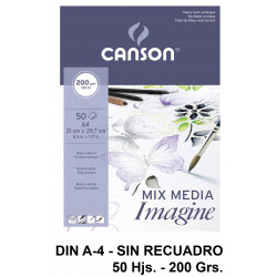 Bloc encolado de dibujo canson imagine, din a4, sin recuadro, 200 grs/m². 50 hj.