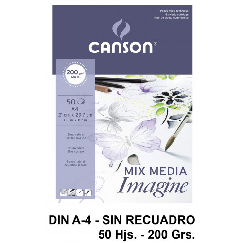 Bloc encolado de dibujo canson imagine, din a4, sin recuadro, 200 grs/m². 50 hj.