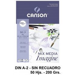 Bloc encolado de dibujo canson imagine, din a2, sin recuadro, 200 grs/m². 50 hj.