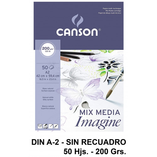 Bloc encolado de dibujo canson imagine, din a2, sin recuadro, 200 grs/m². 50 hj.