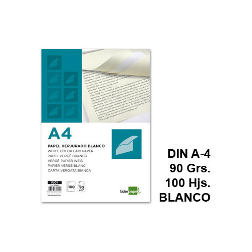 Papel verjurado liderpapel en formato din a-4 de 90 grs/m². color blanco, paquete de 100 hojas.