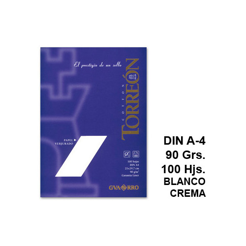 Papel verjurado canson guarro torreon en formato din a-4 de 90 grs/m². color blanco crema, paquete de 100 hojas.