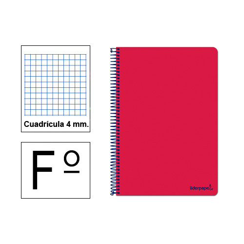 Cuaderno espiral tapa blanda liderpapel serie smart en formato fº, 80 hj. 60 grs/m². 4x4 c/m. color rojo.